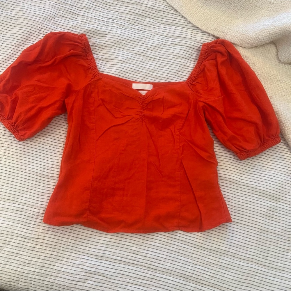 H&M Bright Red Linen Poof Sleeve Top xs